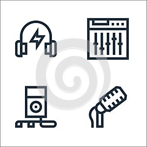 Rock and roll line icons. linear set. quality vector line set such as microphone, mp player, settings