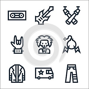 rock and roll line icons. linear set. quality vector line set such as trousers, van, leather jacket, bomb, skull, hand, spotlight