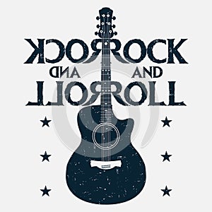 Rock and roll music grunge print with guitar. Rock-music design