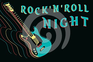 Rock and roll night design with neon guitar, vector illustration on dark background