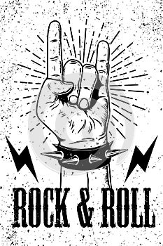 Rock and roll poster template. hand with rock and roll sign on grunge background. Design element for logo, emblem, card