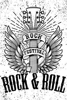 Rock and roll poster template. Winged guitar on grunge background. Design element for logo, emblem, card,banner, t-shirt