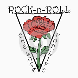 Rock and roll print with rose. Rock music graphic with - one love - for life text. Design for clothes, t-shirt, apparel. Vector.
