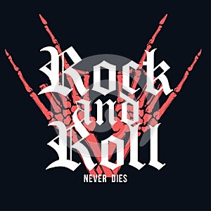 Rock and Roll t-shirt design. Hand of skeleton with lettering on dark background. Vintage t-shirt graphic