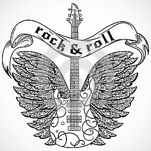 Rock and roll. Vintage poster with electric guitar, ornate wings and ribbon banner. Retro vector illustration.