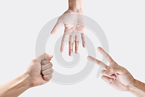 Rock, Scissor and paper hand sign,  on white background