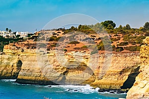 Rock by the sea. the concept of harmony, energy of life and meditation. benagil beach in portugal