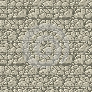 Rock seamless pattern, stone and pebble texture. Cartoon wall construction for round garden, sea, boulders and