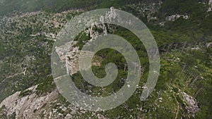 Rock Shaan-Kaya in the fog, Crimea. Drone view