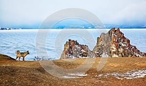 Rock Shamanka on cape Burkhan on Olkhon island in Siberian lake