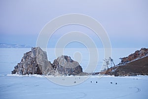 Rock Shamanka. Evening landscape. Lake Baikal, winter