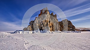 Rock Shamanka from frozen Baikal