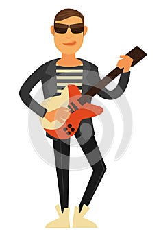 Rock singer in sunglasses and leather jacket with electric guitar