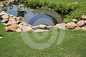 Rock sink full of water in garden background