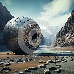 a rock sphere in a rocky landscape