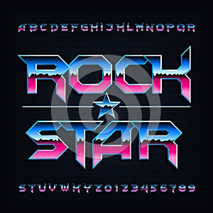 Rock star alphabet font. Metallic beveled letters and numbers.