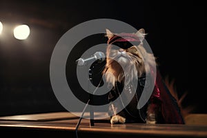 rock star cat with guitar and microphone on stage, getting ready for show