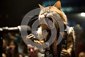 rock star cat playing guitar onstage in front of screaming fans