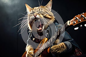 rock star cat playing guitar onstage in front of screaming fans