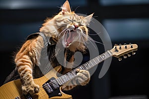 rock star cat playing guitar onstage in front of screaming fans