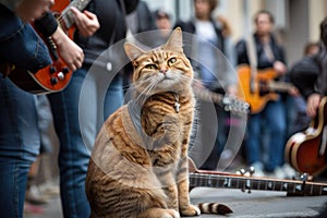 rock-star cat playing guitar while surrounded by groupies and paparazzi