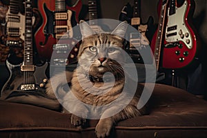 rock star cat sitting on vintage guitar and surrounded by groupies