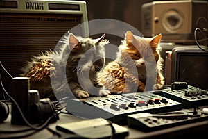 rock star cats in a recording studio, laying down tracks for their debut album.