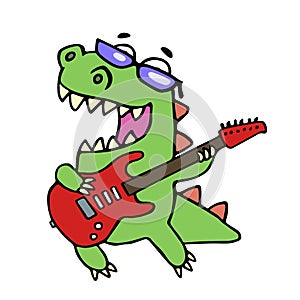 Rock star dinosaur playing the electric guitar . Vector illustration.