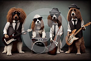rock star dog band with a bassist, guitarist, drummer and even a keyboardist.