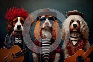 rock star dog band, with a guitarist and drummer holding instruments that match their breed.