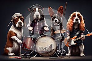 rock star dog band members, including an energetic drummer pup and a basset hound with a signature rock bottom.