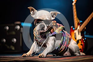 rock star dog practicing guitar onstage at sold-out concert