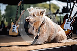 rock star dog practicing guitar onstage at sold-out concert