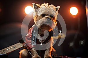 rock star dog practicing guitar onstage at sold-out concert