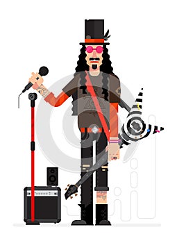 Rock star in flat technique isolated on white background. Musician with a guitar and a microphone sings.