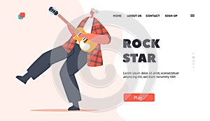 Rock Star Landing Page Template. Grandmother Guitarist Playing on Electric Guitar during Punk Festival, Senior Artist