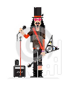 Rock star in pixel technique isolated on white background. Musician with a guitar and a microphone sings. Illustration of a
