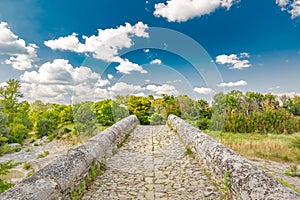 Rock stone bridge across small pond with green trees under blue sky. Historic scenery, idyll