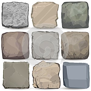 Rock stone cartoon banner set. Square stone panel. Big boulder flat style. Vector photo