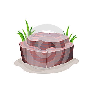 Rock stone and green grass, design element of natural landscape vector Illustration on a white background