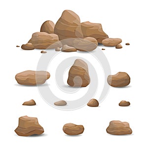 Rock Stone set cartoon, single and piled vector illustration