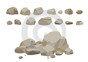 Rock stone set cartoon. Stones and rocks in isometric 3d flat style. Set of different boulders. Video Game