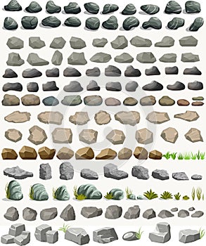 Rock stone set with grass cartoon in flat style. Vector