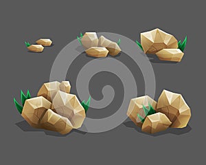 Rock stone set with grass. Cartoon Stones and rocks in isometric style. Set of different boulders.