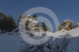 Rock stone town Drevenik with blue sky in winter sunny day