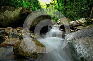 Rock or stone at waterfall. Beautiful waterfall in jungle. Waterfall in tropical forest with green tree and sunlight. Waterfall is