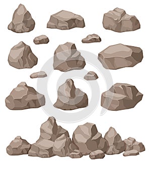Rock stones. Cartoon stone isometric set. Granite boulders pile, natural building block materials. 3d game art isolated