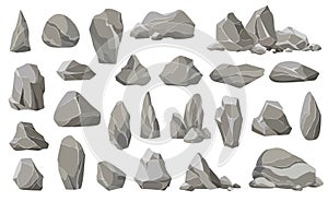 Rock stones and debris of the mountain. Gravel, gray stone. Collection of stones of various shapes