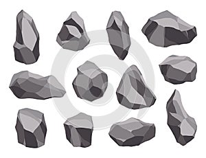 Rock stones or debris of mountain. Gravel, gray stone. Collection of various shapes, pieces of fossil stone. Polygonal