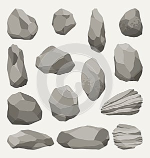 Rock stones or debris of mountain. Gravel, gray stone. Collection of various shapes, pieces of fossil stone. Polygonal